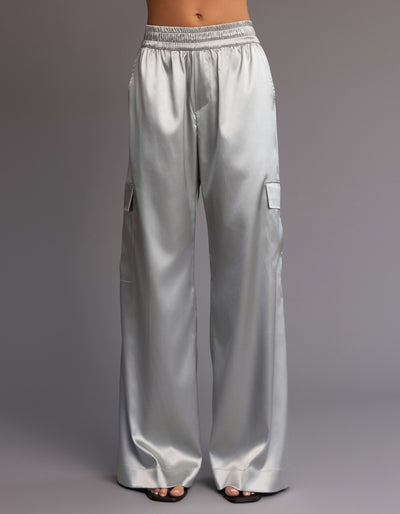 SATIN CARGO PANTS [SILVER ]