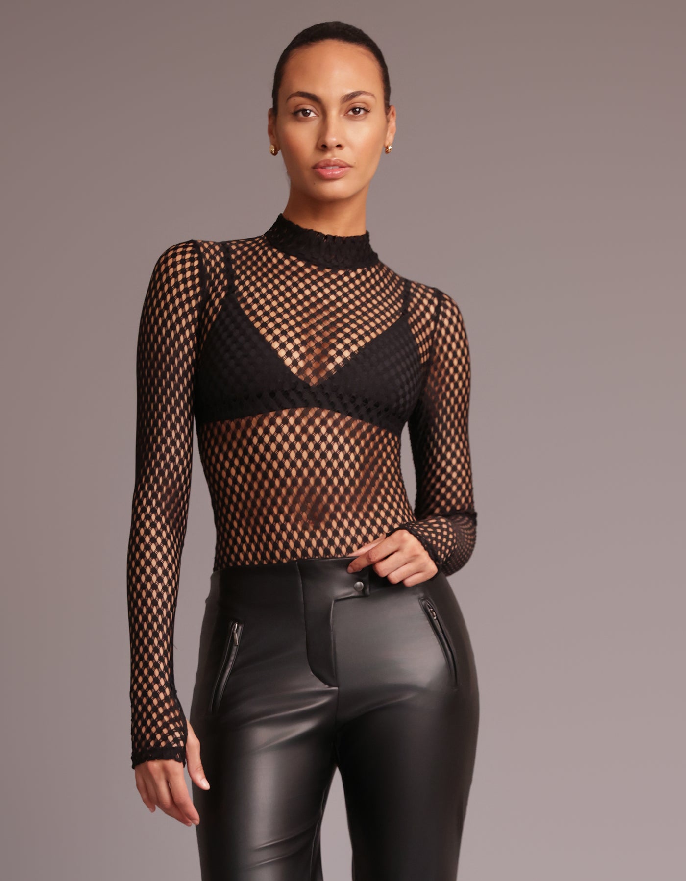 MOCK NECK MESH BODYSUIT [BLACK]